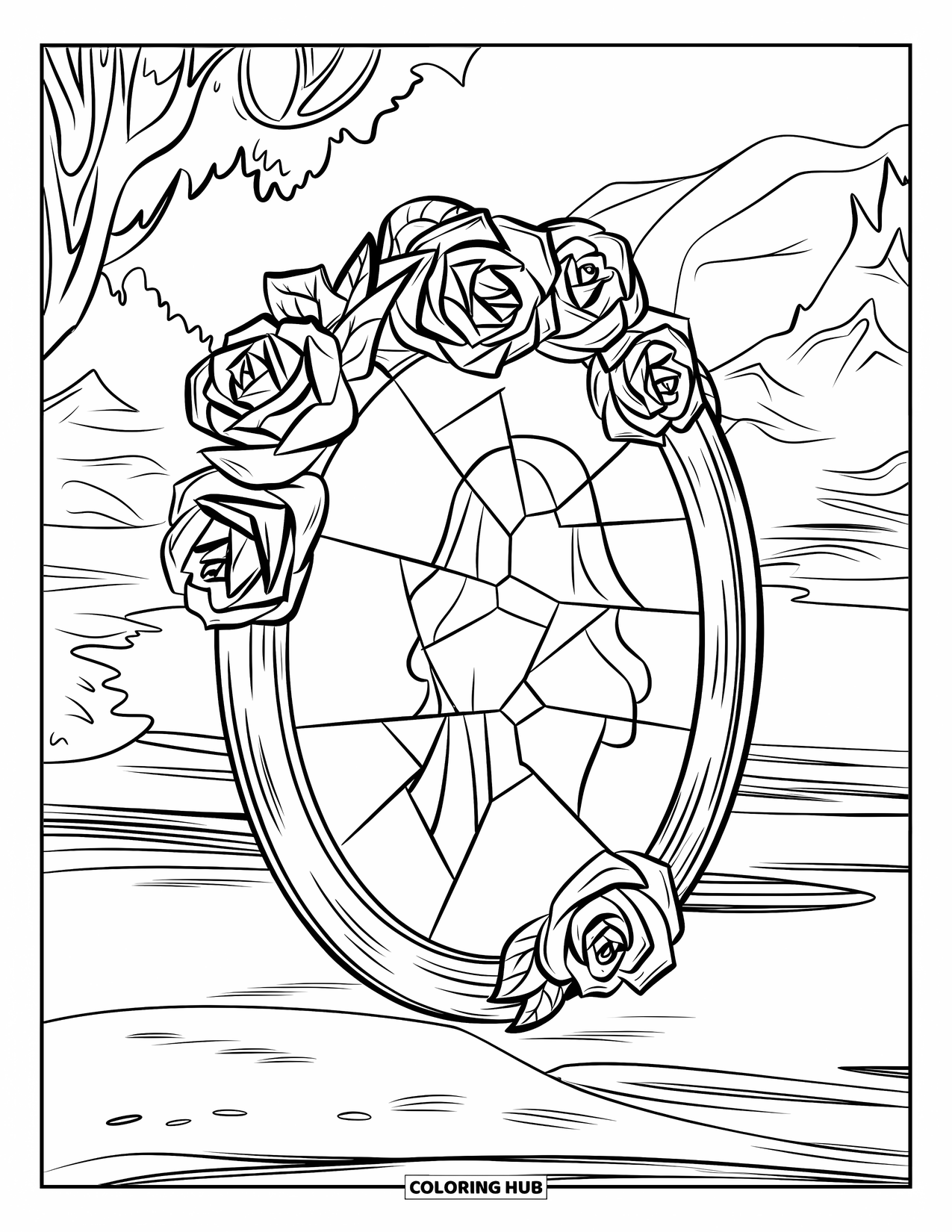 Gothic Coloring Page for Kids: A shadowy reflection appears in a cracked mirror framed with roses near a calm scene