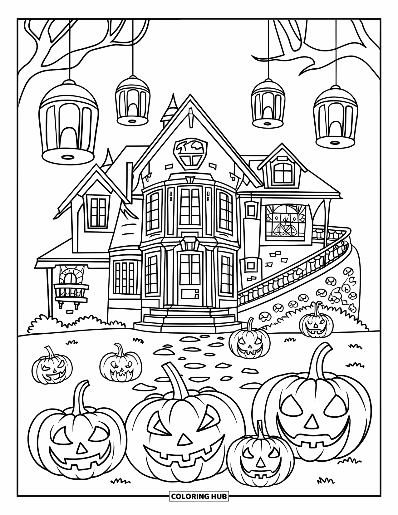Gothic Coloring Page for Kids: A spooky mansion with glowing jack-o'-lanterns stands in fog under hanging lanterns