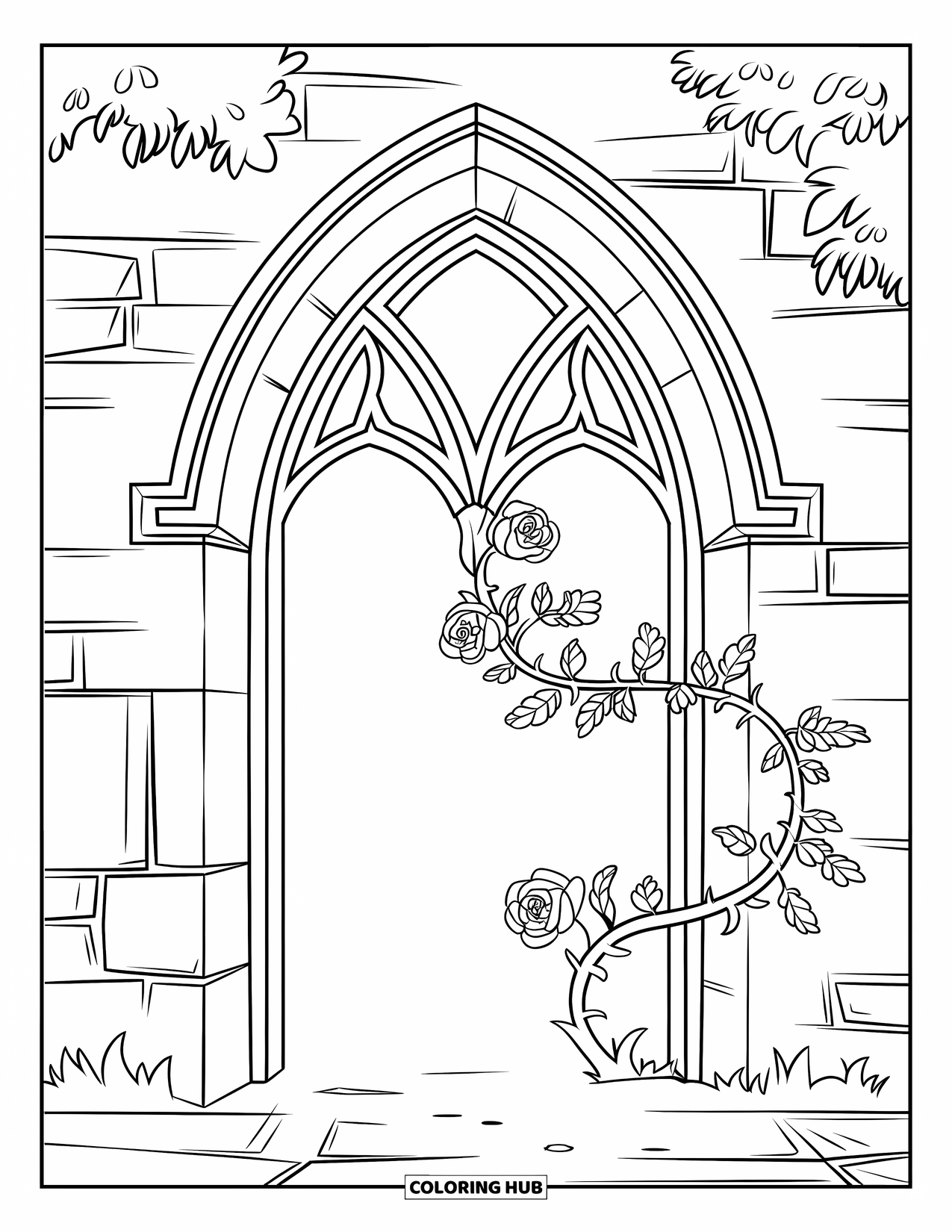 Gothic Coloring Page for Kids: A stone archway is wrapped in a rose bush with blooming flowers