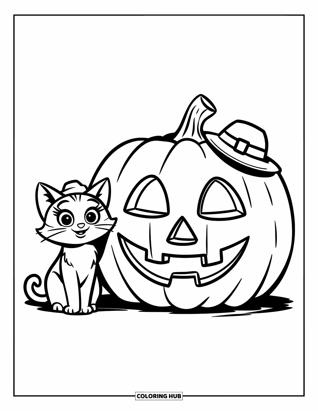 Gothic Coloring Page for Kids: A sweet cat and smiling pumpkin sit together with tiny hats resting nearby
