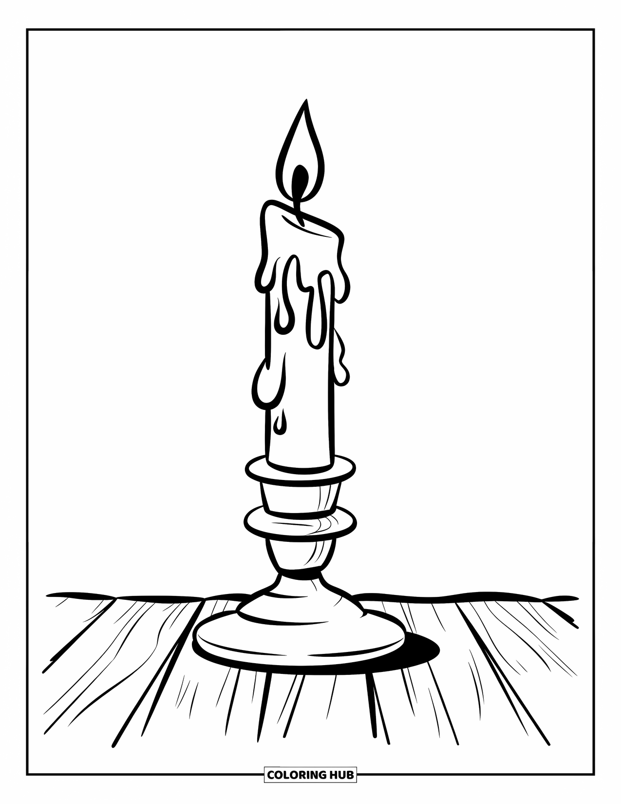Gothic Coloring Page for Kids: A tall candle drips wax on a wooden surface in a quiet room