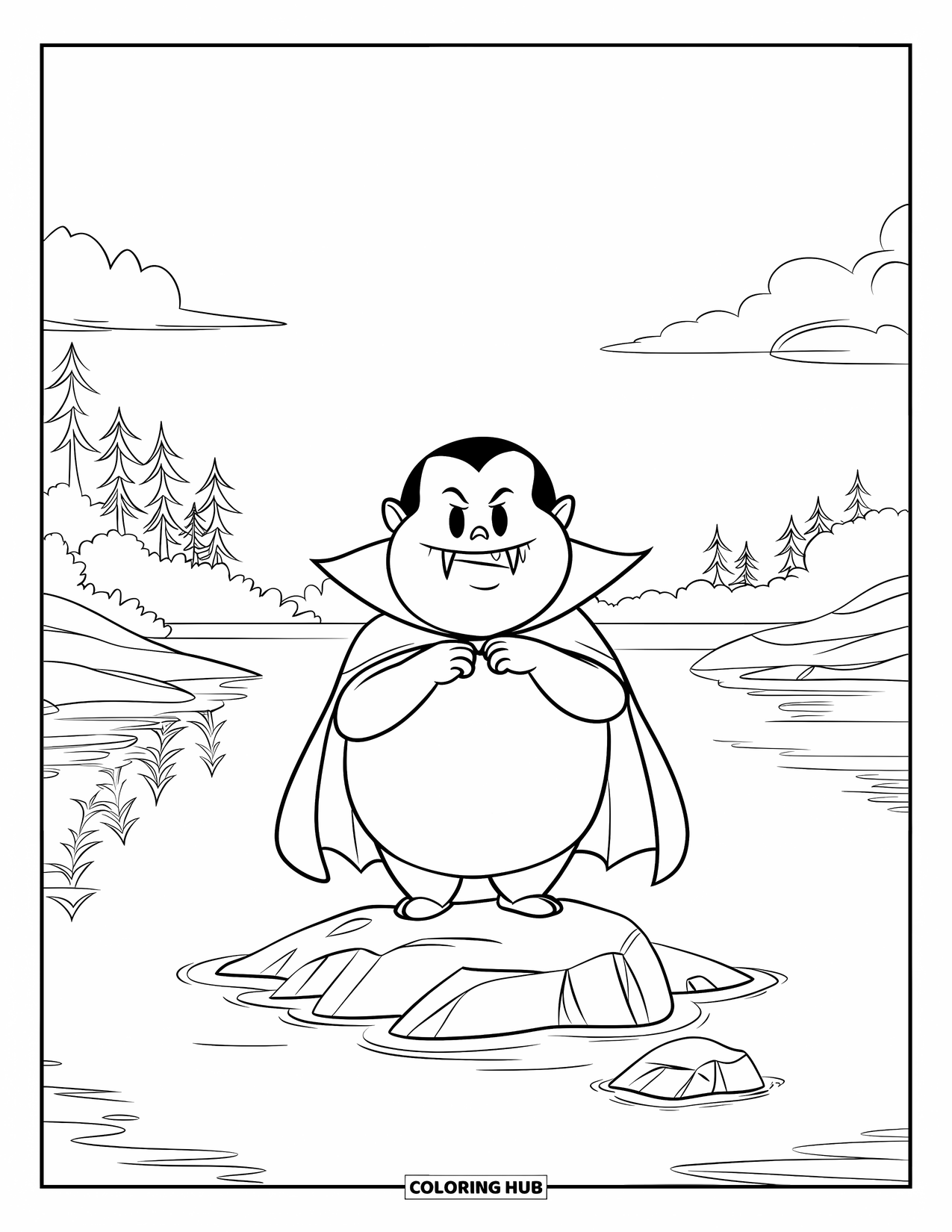 Gothic Coloring Page for Kids: A vampire stands on a rock surrounded by calm water and trees
