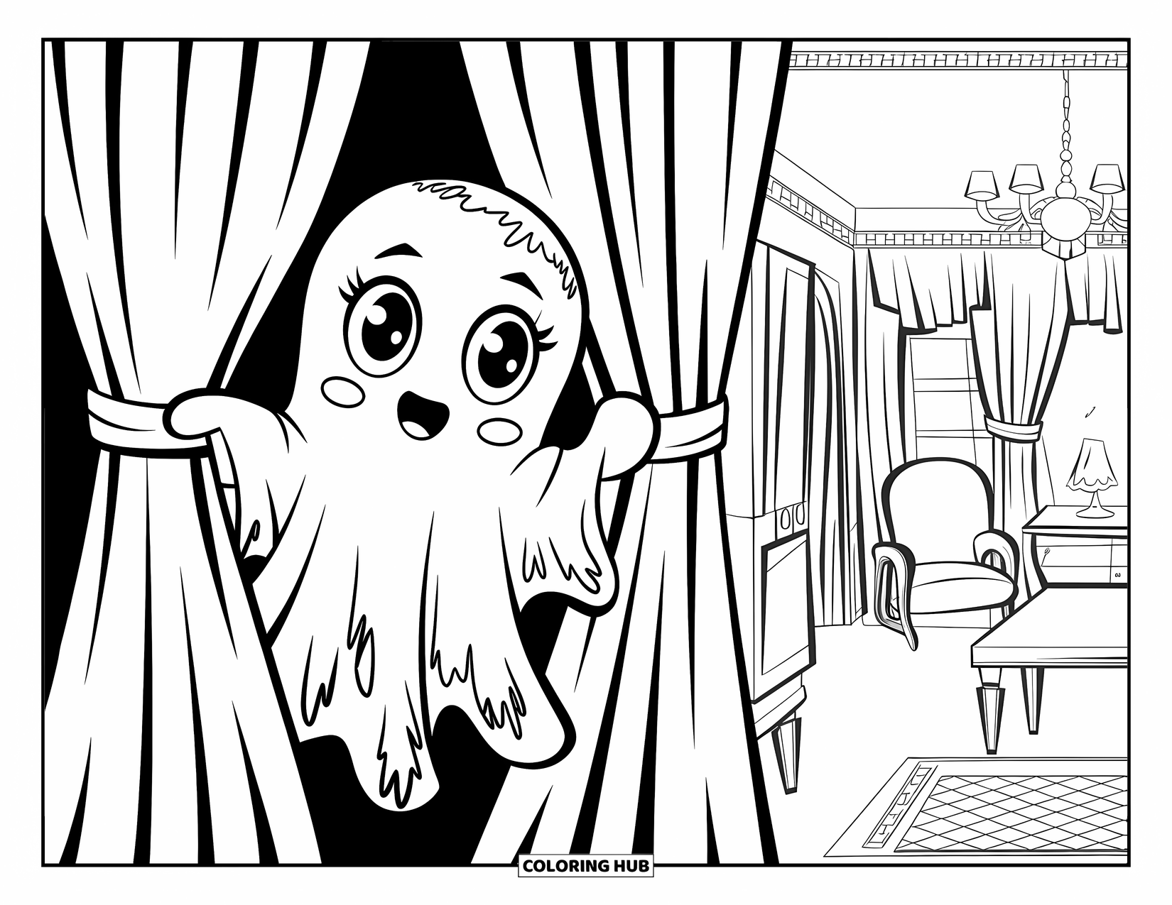 Gothic Coloring Page for Kids: A wide-eyed ghost peeks from behind a curtain in a dark, eerie room