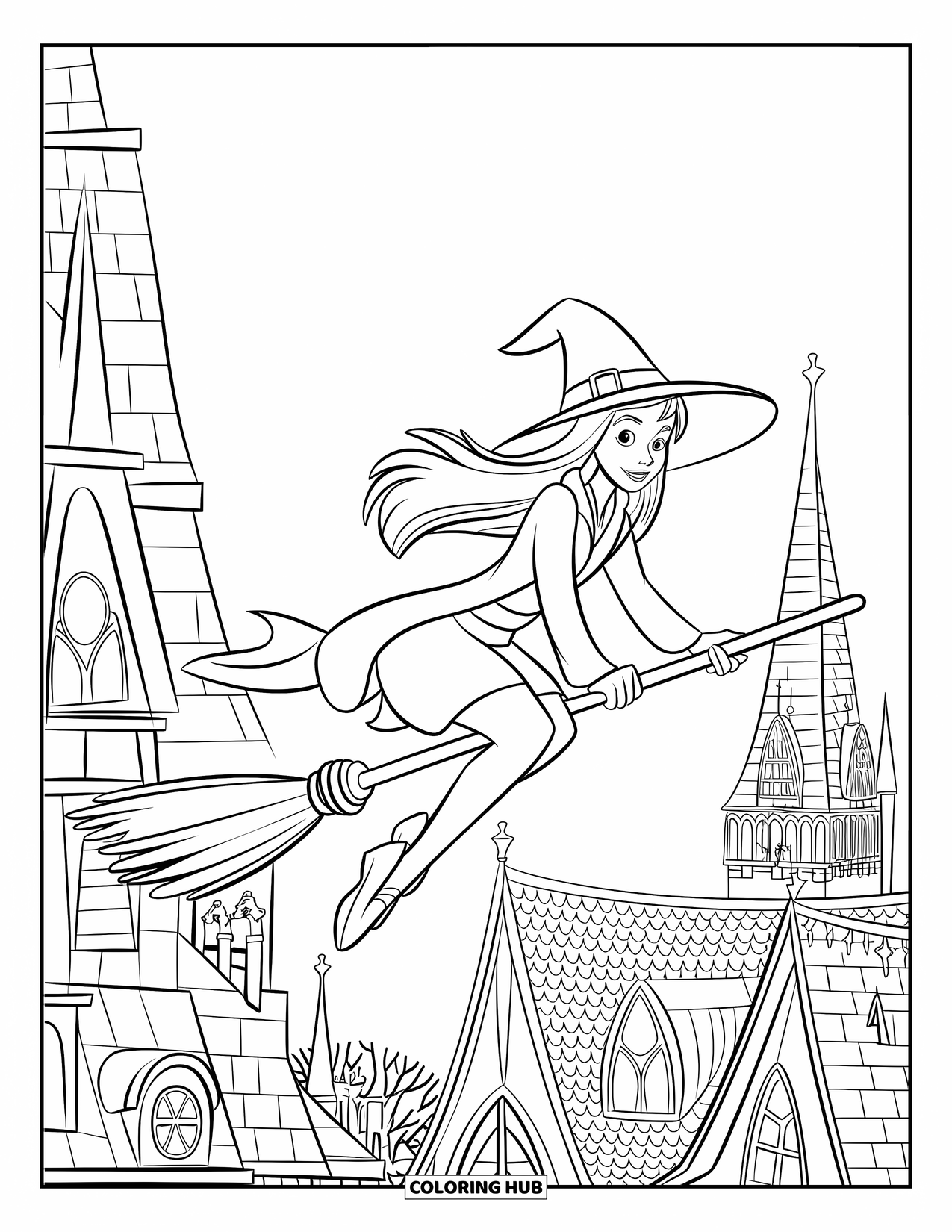 Gothic Coloring Page for Kids: A young witch with long hair flies above narrow buildings and bare city trees
