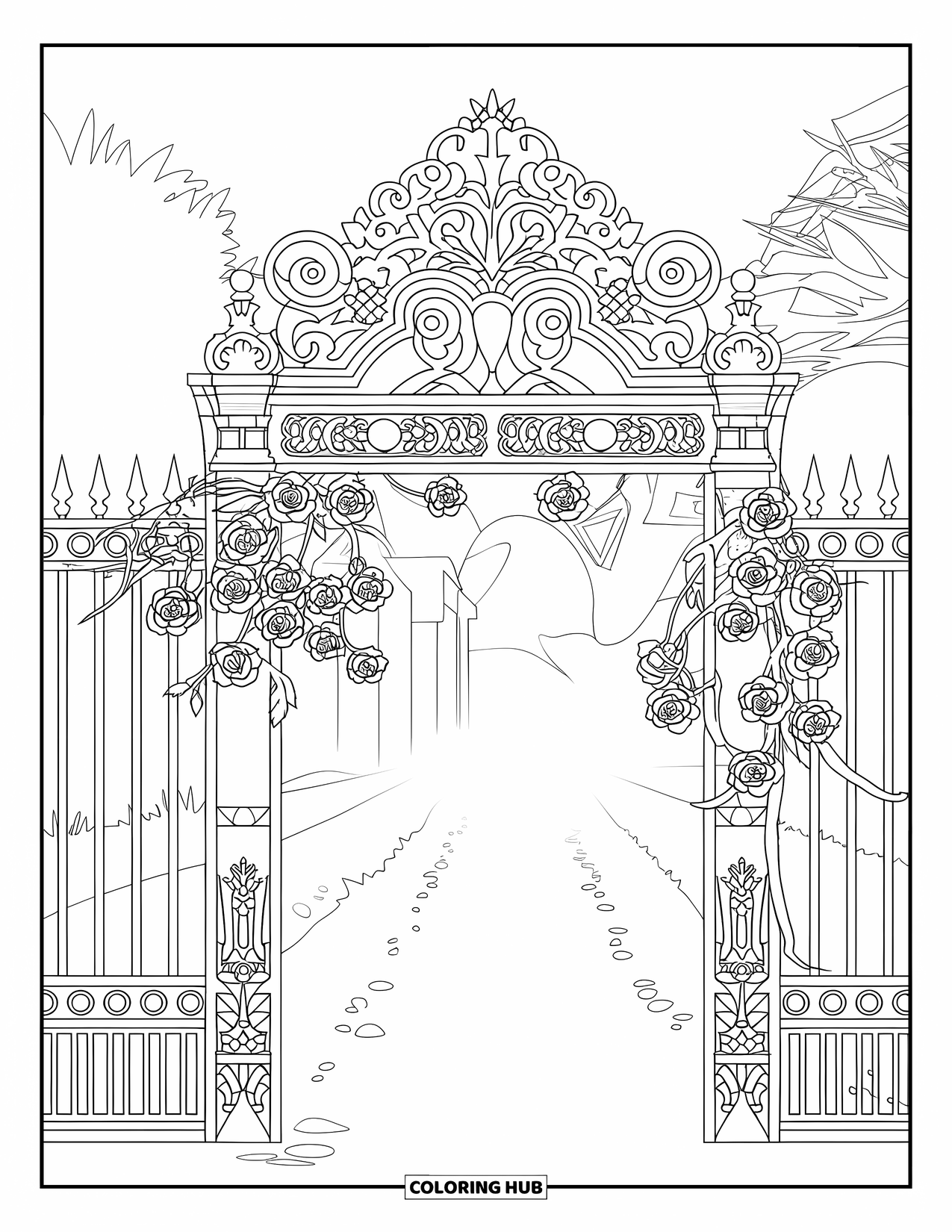 Gothic Coloring Page for Kids: An iron gate with roses opens to a foggy path lined with trees and shadows