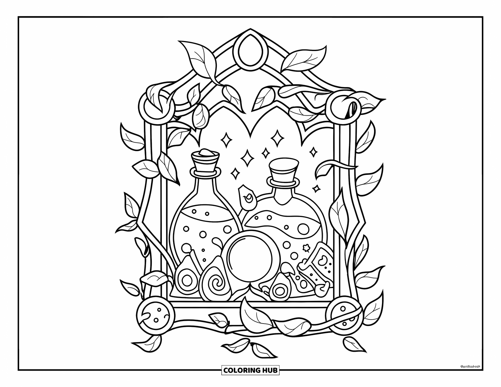Gothic Coloring Page for Kids: Potions, charms, and an orb sit in a leafy frame with twisting vines