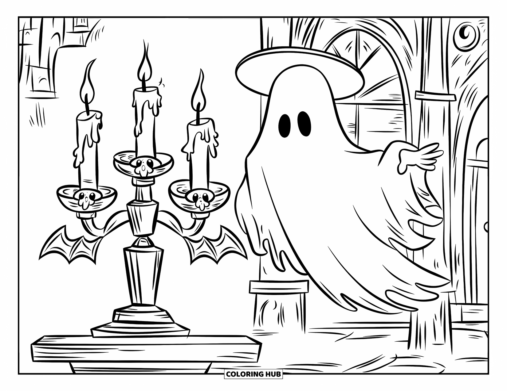 Gothic Coloring Page for Kids: Three tall candles glow while a ghost floats near a haunted mansion