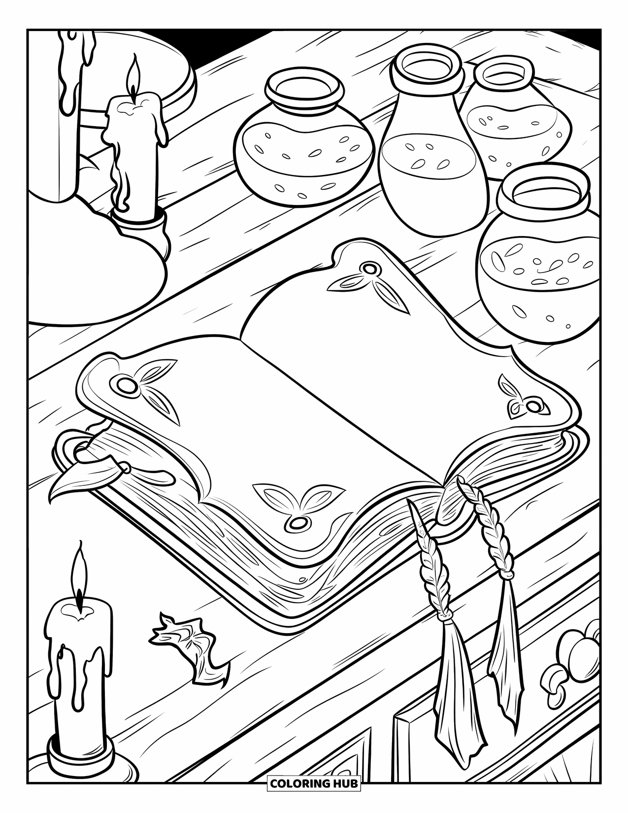 Gothic Coloring Page for Kids: Worn pages and glowing candles surround a spell book on a desk in a stone room