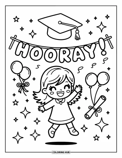 Valmistujaisvärityskuva aikuisille: Chibi-tyttö hyppää iloisesti heittäen lakin "Hooray!"-banderoolin alla leijuvien ilmapallojen kanssa