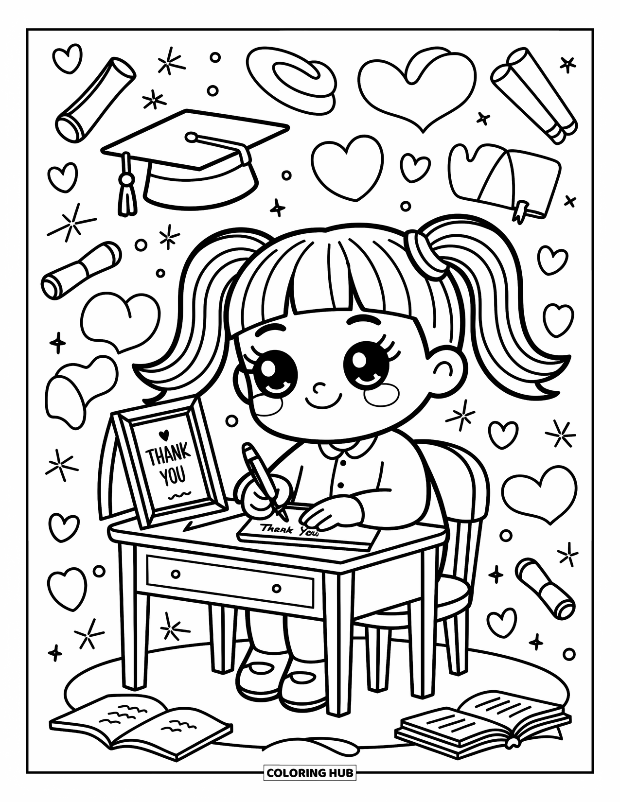 Graduation Coloring Page for Adults: A chibi girl smiles warmly while writing "Thank You," with playful graduation doodles floating around