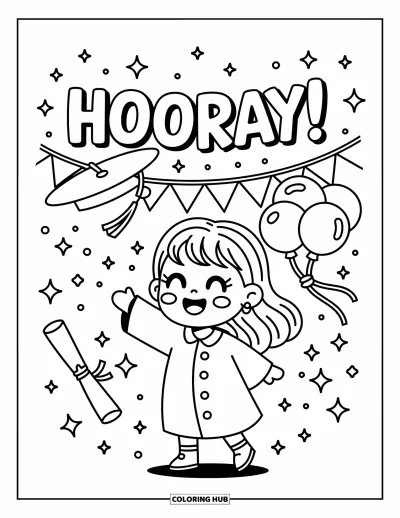 Valmistujaisvärityskuva aikuisille: Chibi-tyttö heittää lakin kipinöiden, serpenttien ja "Hooray!"-banderoolin keskellä