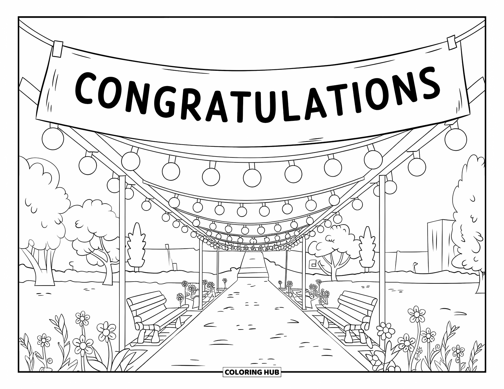 Graduation Coloring Page for Adults: A decorated garden path with flowers, benches, trees, buildings, and a "Congratulations" banner