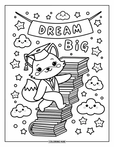 Valmistujaisvärityskuva aikuisille: Kawaii-kettu valmistujaisasussa kiipeää kirjatikkaita kohti leikkisää "Dream Big"-kylttiä