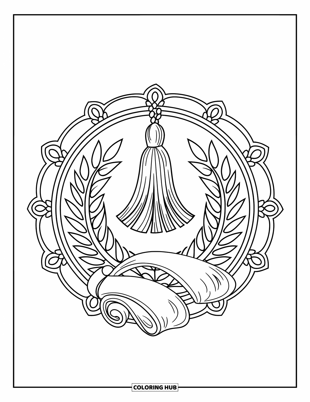 Graduation Coloring Page for Adults: A mandala with a tassel at the top, a wreath at the bottom, and a scroll wrapped around