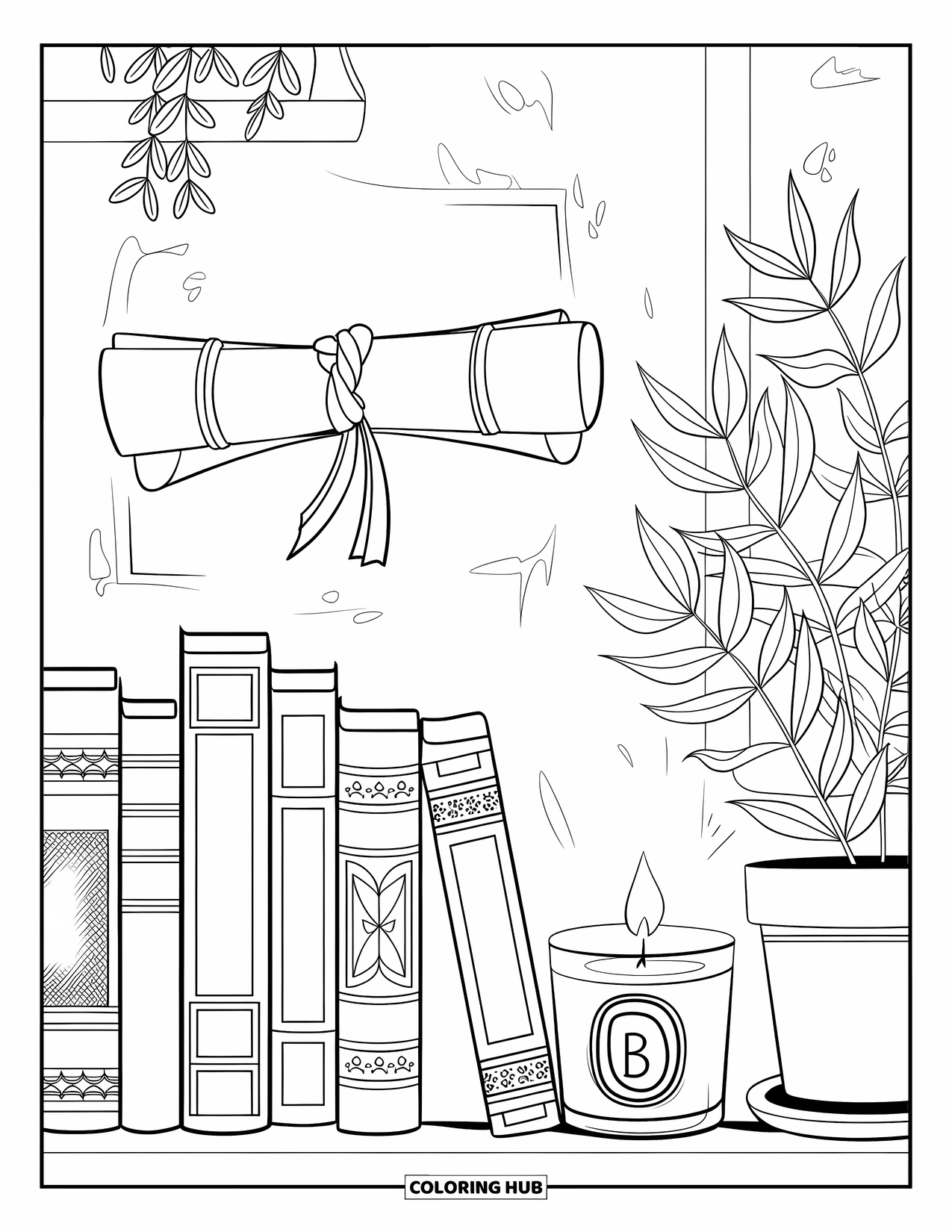 Graduation Coloring Page for Adults: A shelf filled with patterned books, a candle, a hanging diploma, and a leafy plant