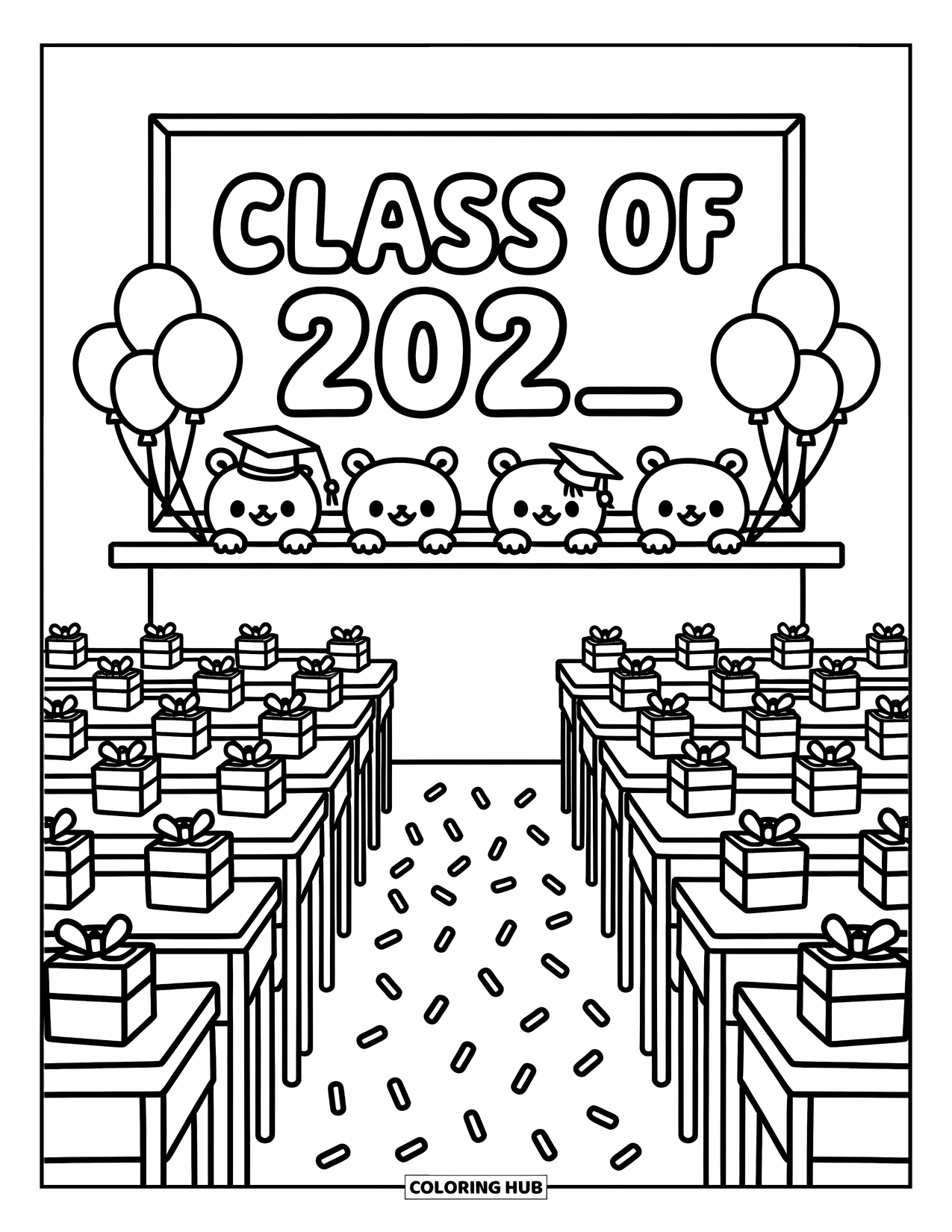 Graduation Coloring Page for Adults: Chibi animals smile proudly behind a "Class of 202_" chalkboard in a festive classroom