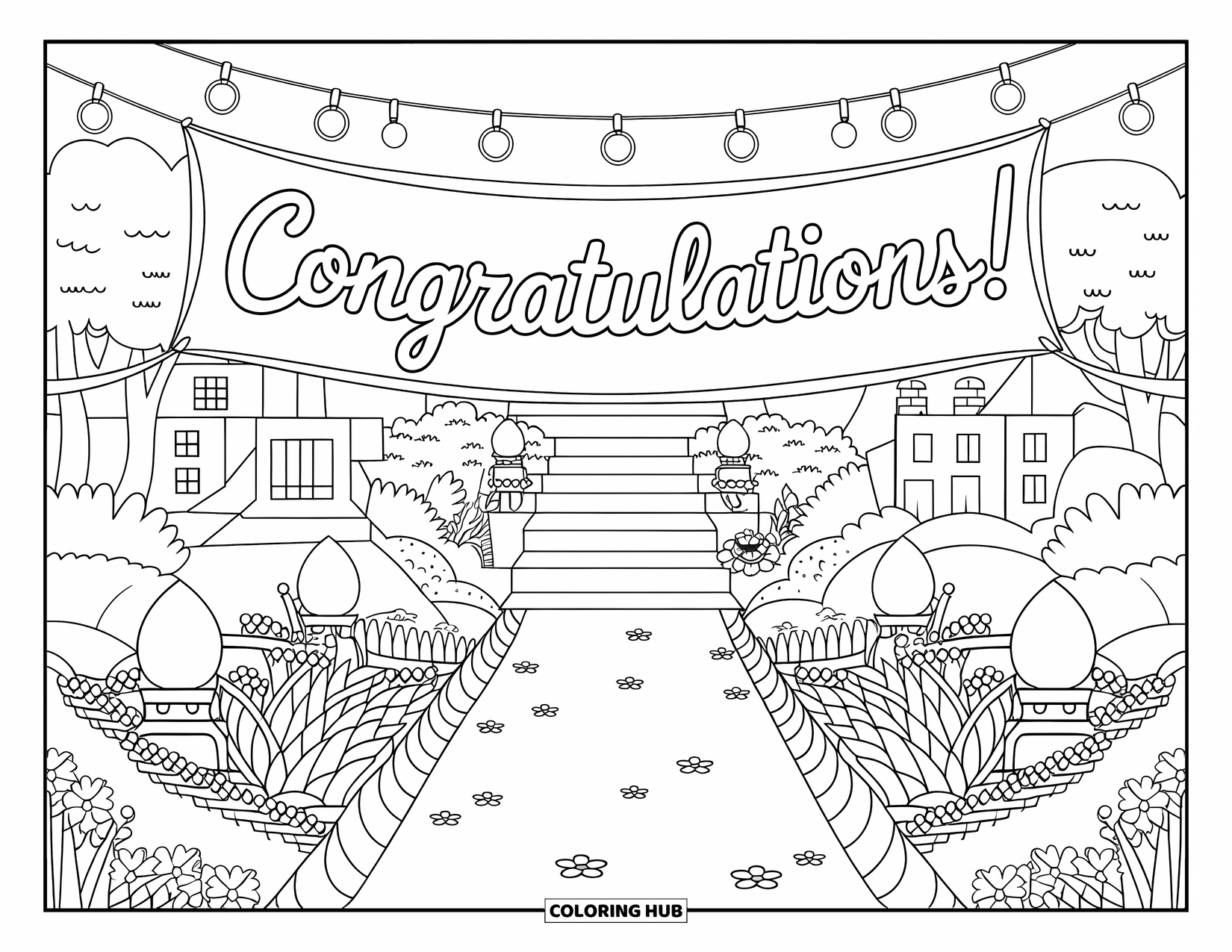Graduation Coloring Page for Adults: Flowers, lanterns, trees, and a staircase lead to a "Congratulations" banner in the garden