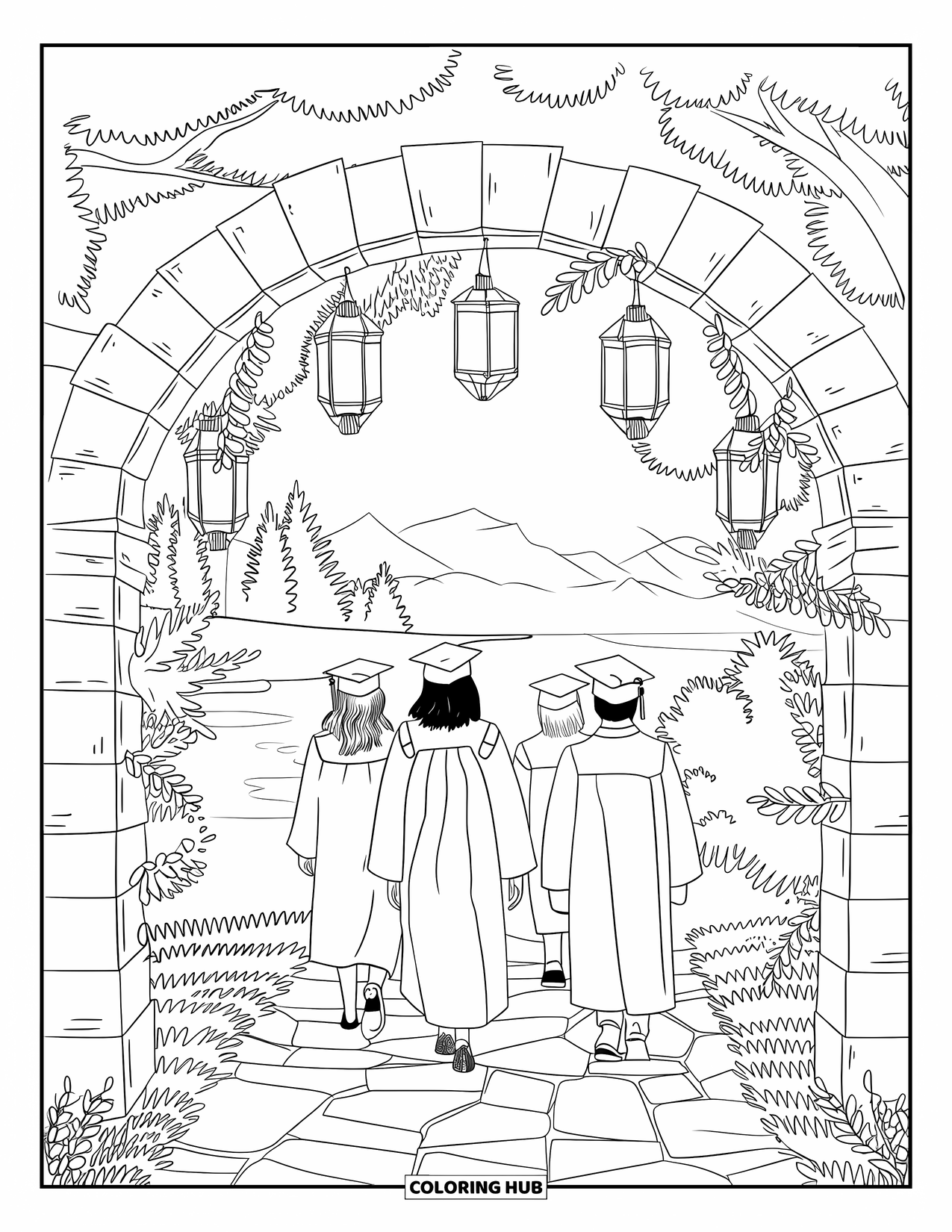 Graduation Coloring Page for Adults: Graduates pass through a stone archway surrounded by mountains, trees, and water