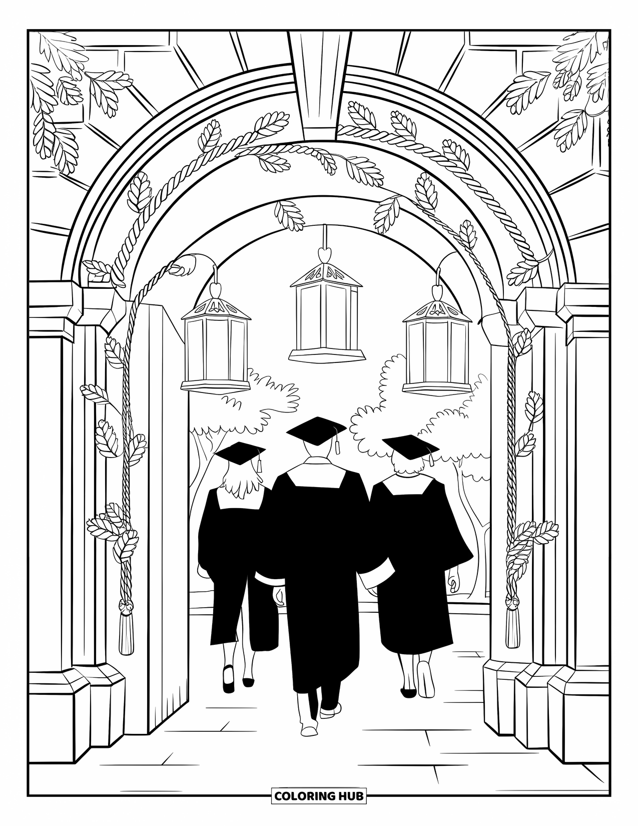 Graduation Coloring Page for Adults: Graduates walk under a laurel-decorated archway with lanterns and trees in the background
