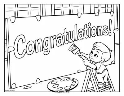 Valmistujaisvärityskuva lapsille: Lapsi seisoo tikkailla ja maalaa "Congratulations"-tekstiä kankaalle valoisassa huoneessa