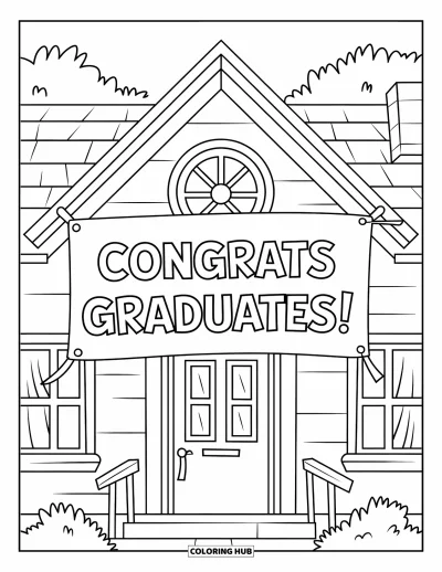 Valmistujaisvärityskuva lapsille: Viihtyisä koulutalo "Congrats Graduates!"-banderoolin ja puiden kanssa taustalla