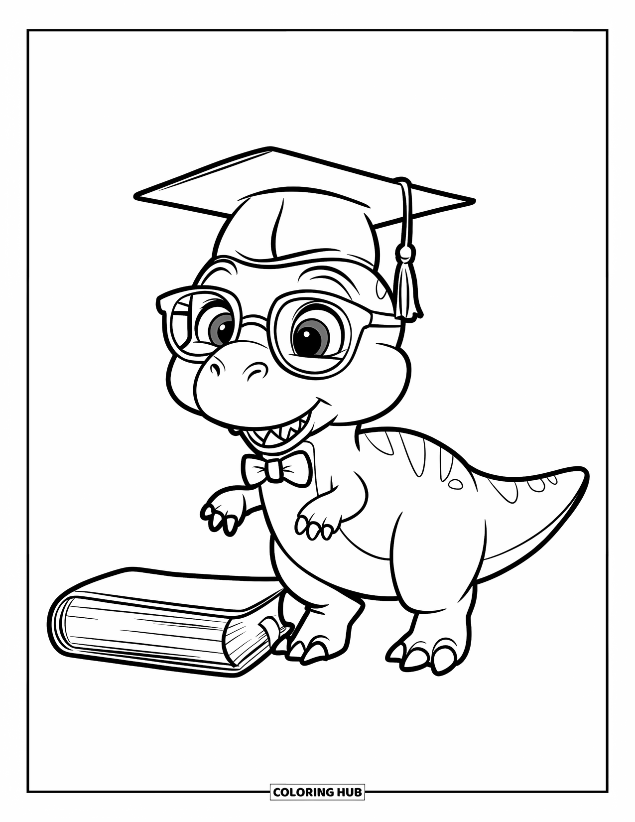 Graduation Coloring Page for Kids: A dinosaur with glasses and a bow tie stands happily next to a book