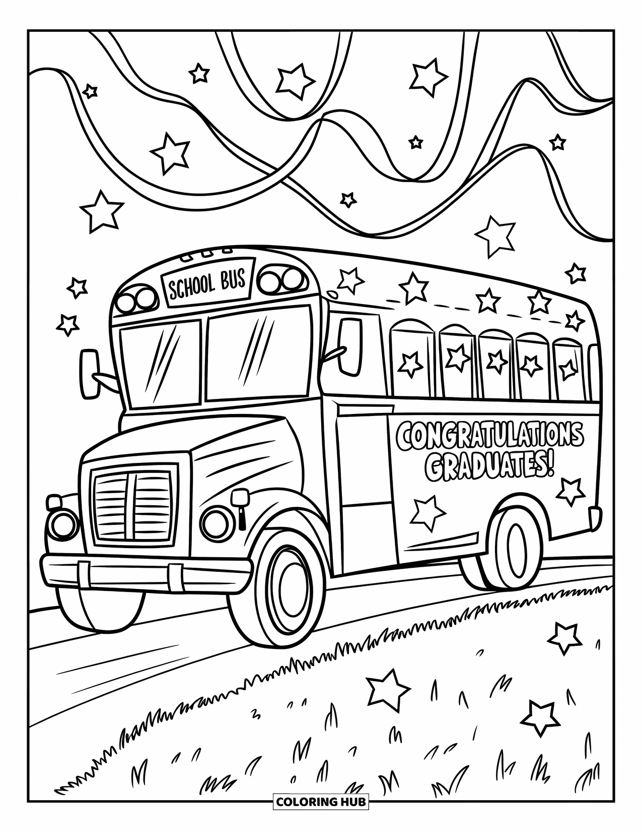 Graduation Coloring Page for Kids: A festive school bus covered in stars and streamers says "Congratulations Graduates!" on the side