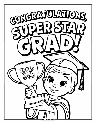 Valmistujaisvärityskuva lapsille: Hymyilevä lapsi pitää "Super Star Grad"-pokaalista, taustalla "Congratulations"-teksti