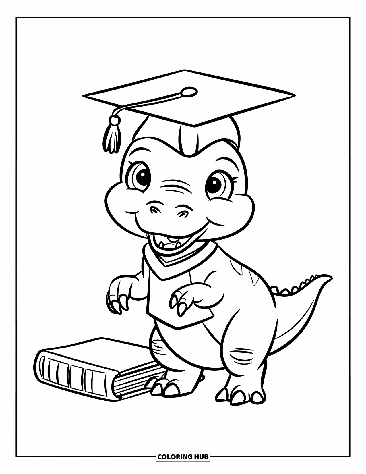 Graduation Coloring Page for Kids: A smiling dinosaur wearing a graduation gown and cap stands beside a book