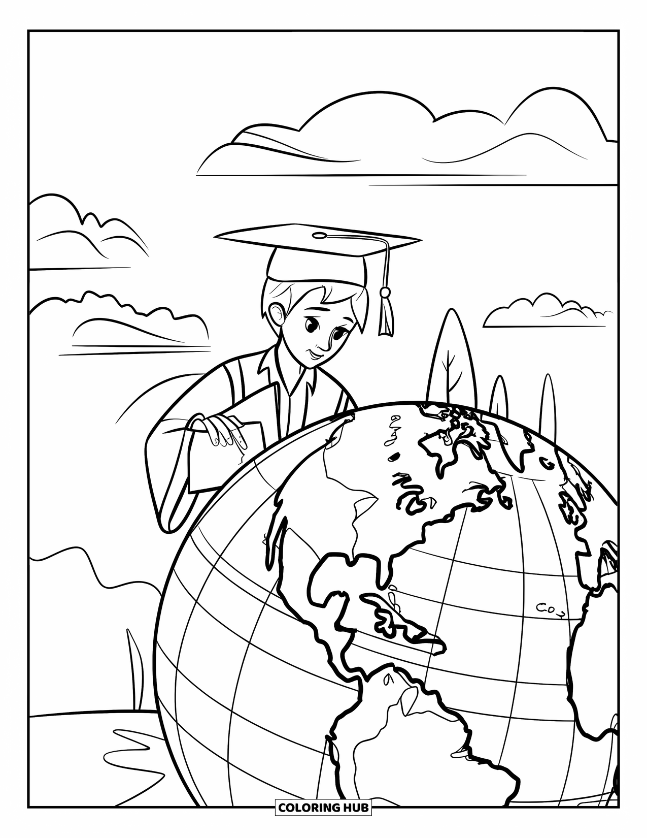 Graduation Coloring Page for Kids: A teen places a graduation cap on a globe surrounded by trees and a cloud-filled sky