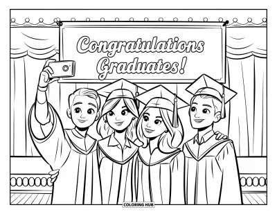 Valmistujaisvärityskuva lapsille: Neljä ystävää lakeissa ja kaavuissa ottaa selfietä "Congratulations Graduates!"-banderoolin alla
