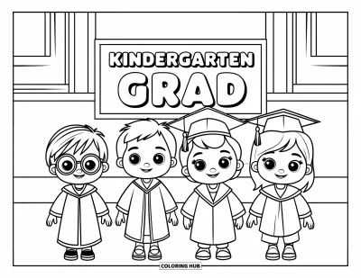Valmistujaisvärityskuva lapsille: Kolme söpöä lasta kaavuissa seisoo "Kindergarten Grad"-kyltin vieressä valoisassa huoneessa