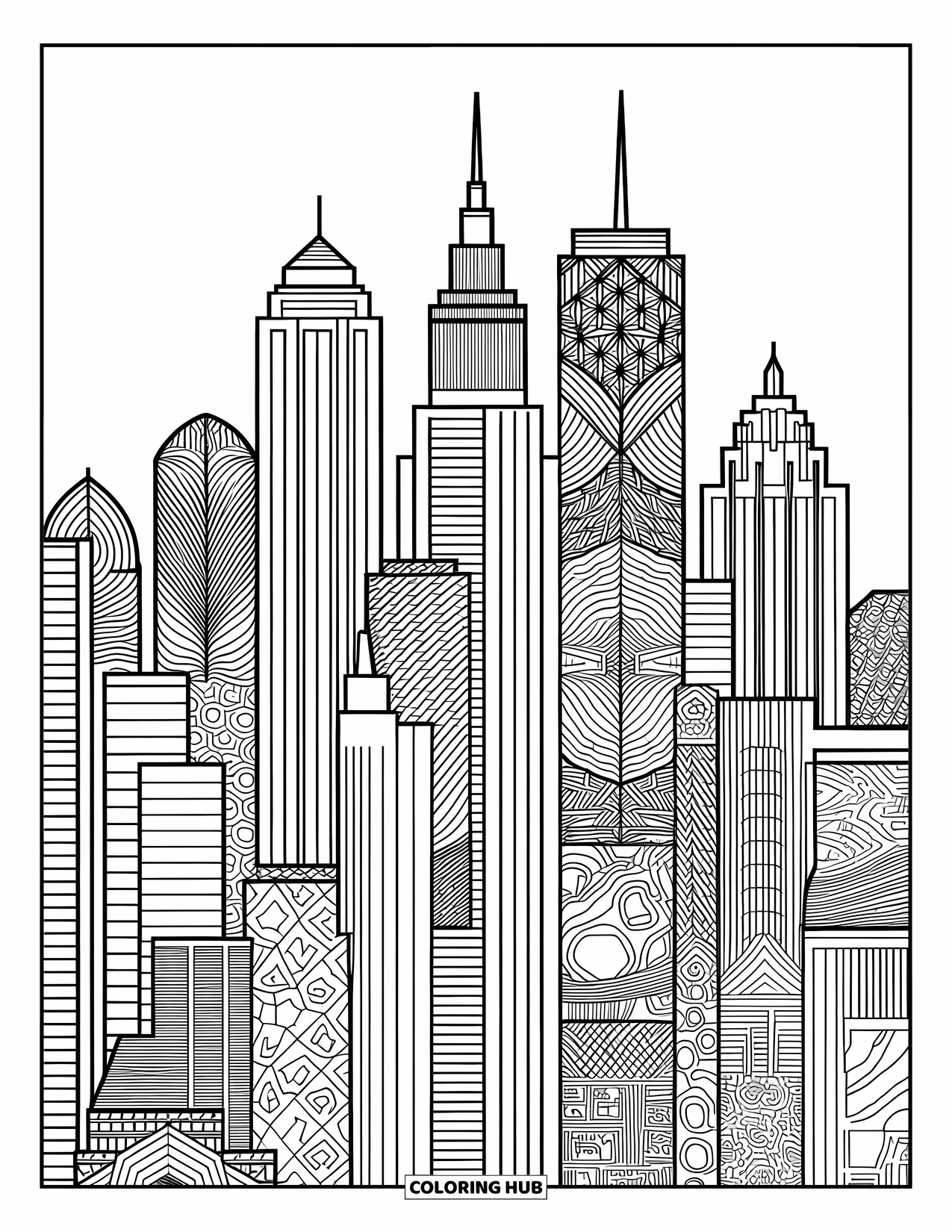Graffiti Coloring Page for Adults: A city skyline filled with artistic tags and intricate architectural details