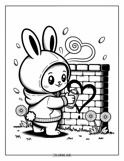 Graffiti Coloring Page for Adults: A hoodie bunny tags a heart on a garden wall surrounded by swirls and dandelions