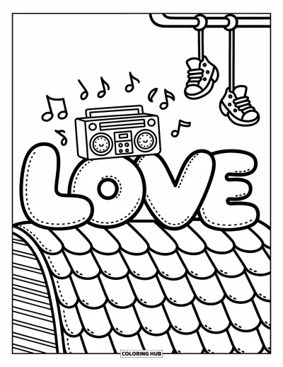 Graffiti Coloring Page for Adults: A rooftop scene with "LOVE" letters, music notes, and playful dangling sneakers