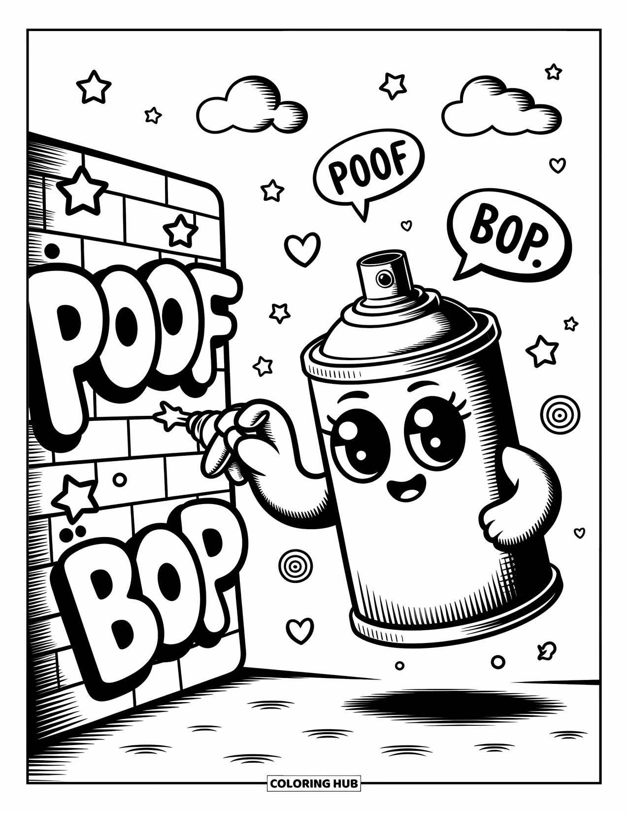Graffiti Coloring Page for Adults: A shiny-eyed spray can paints bubbly letters as stars and speech bubbles float