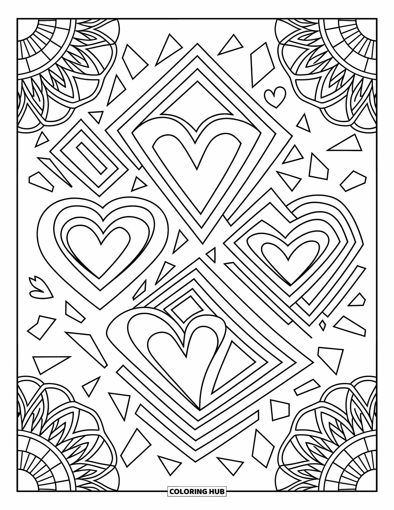 Graffiti Coloring Page for Adults: Abstract symbols and hearts mix with glass-like layers in a soothing, detailed scene