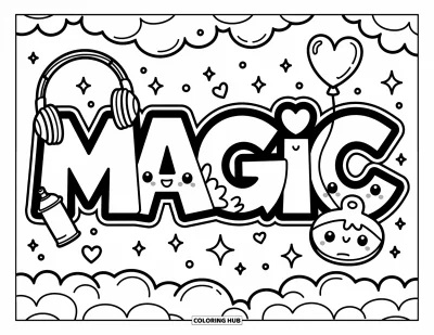 Graffiti Coloring Page for Adults: Graffiti-style "MAGIC" letters transform into cute characters full of personality