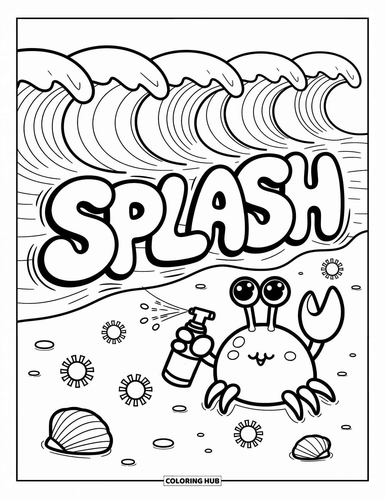 Graffiti Coloring Page for Adults: "SPLASH" forms in bubbly waves while a crab adds suns with a spray bottle