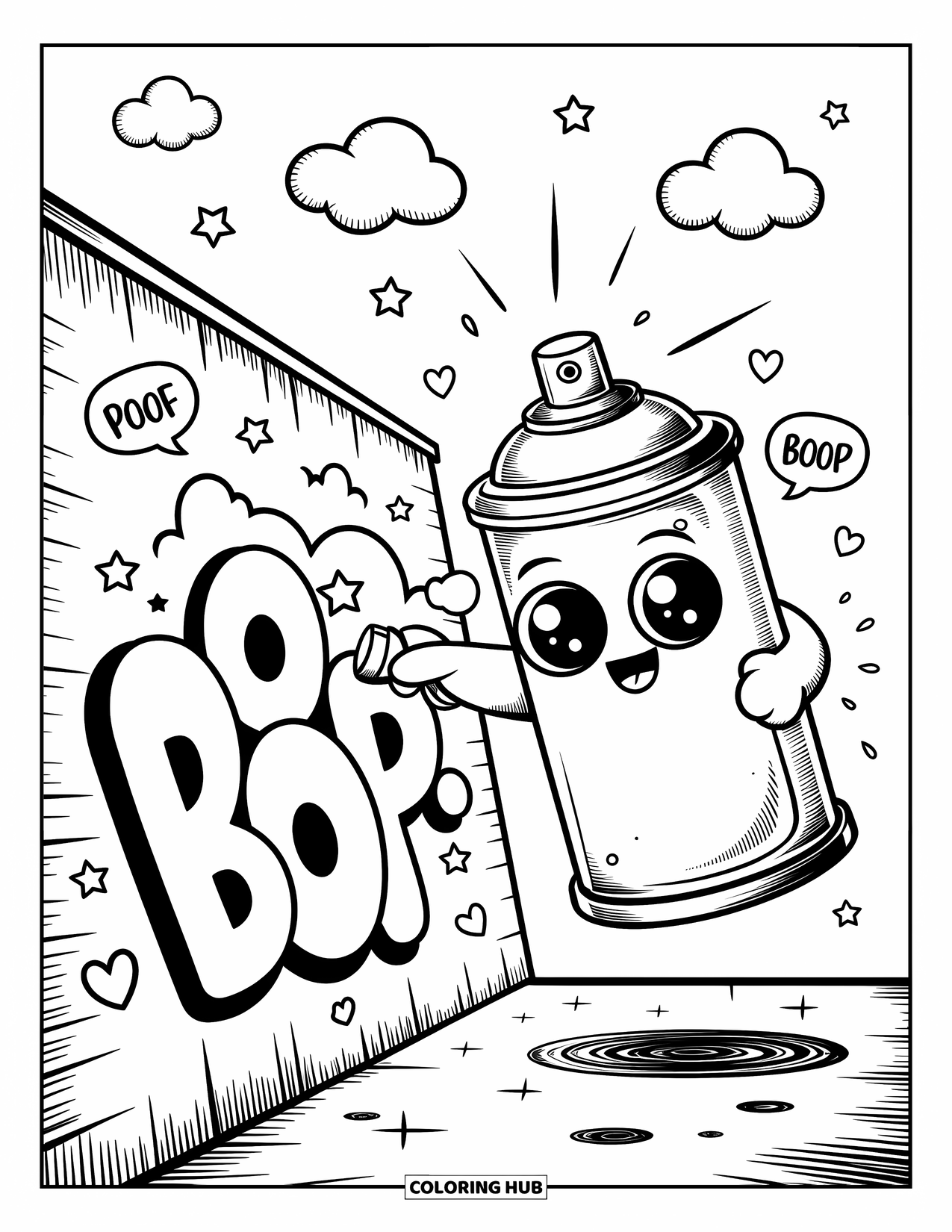Graffiti Coloring Page for Adults: Spray can character paints graffiti letters as hearts and swirls float around playfully