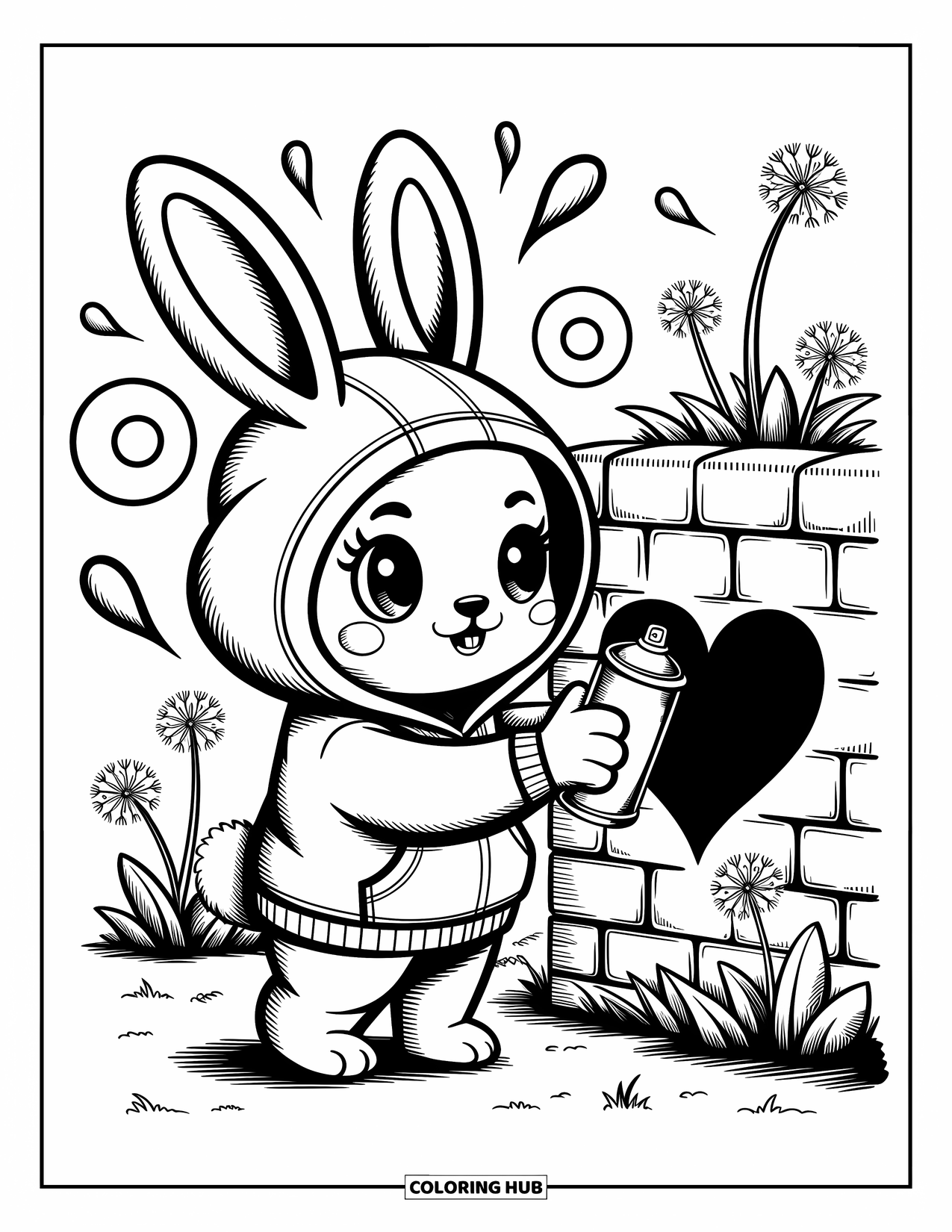 Graffiti Coloring Page for Adults: The hoodie bunny paints hearts near dandelions with floating swirls around them
