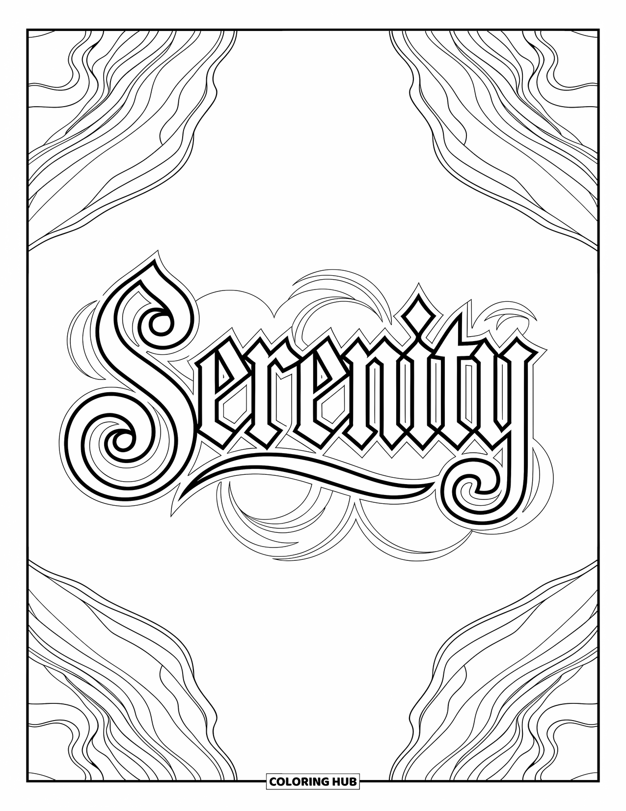 Graffiti Coloring Page for Adults: The word "SERENITY" flows through elegant graffiti and abstract swirls