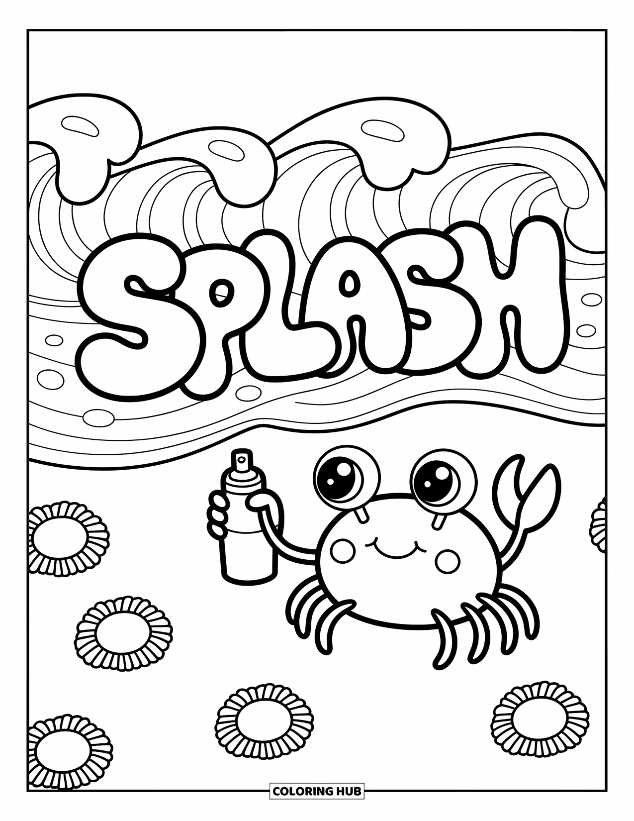 Graffiti Coloring Page for Adults: Waves spell out "SPLASH" as a cheerful crab tags tiny suns on shells