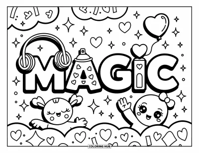 Graffiti Coloring Page for Adults: Whimsical "MAGIC" characters shine with headphones, balloons, and playful charm