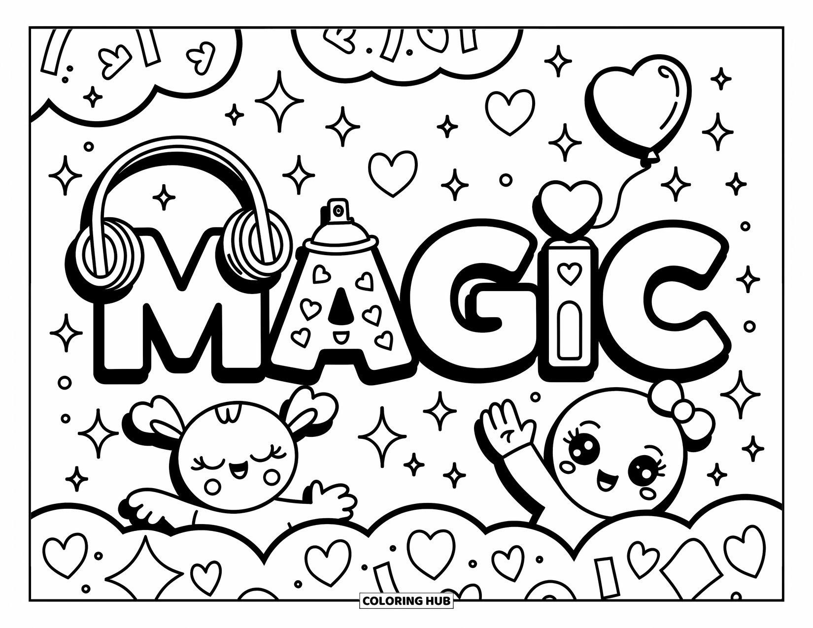 Graffiti Coloring Page for Adults: Whimsical "MAGIC" characters shine with headphones, balloons, and playful charm