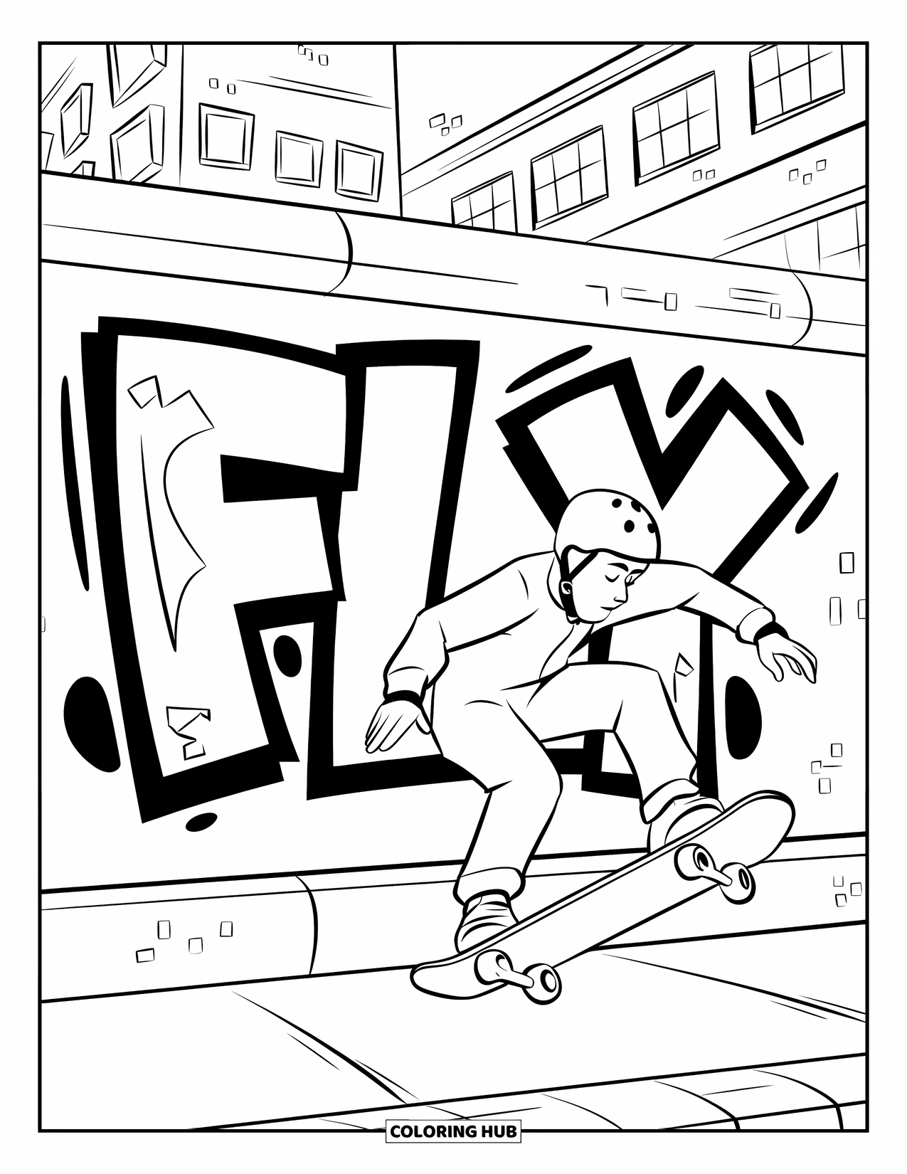 Graffiti Coloring Page for Kids: A bold "FLY" tag frames a skateboarder in action near city buildings