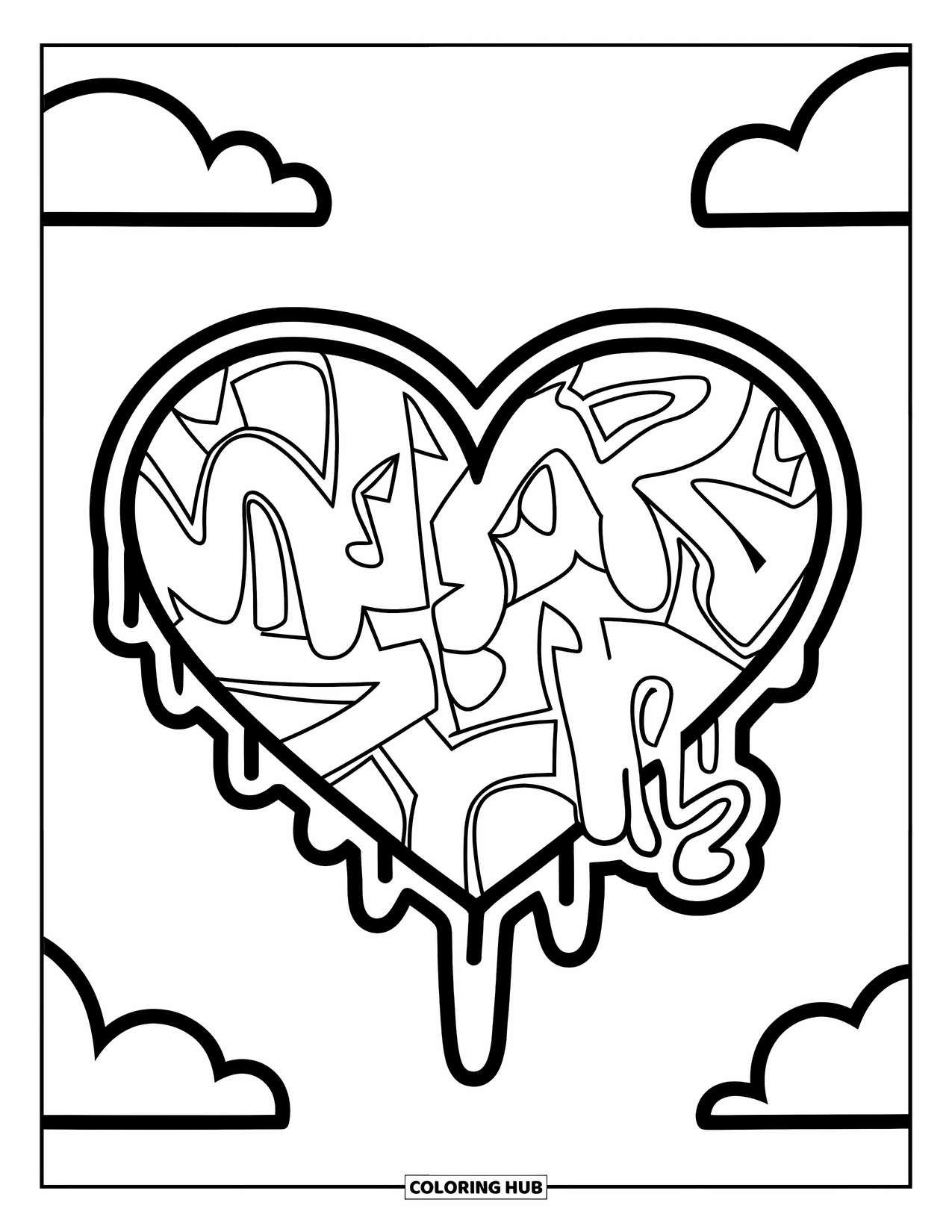 Graffiti Coloring Page for Kids: A chunky heart with drips floats beside soft cloud outlines in a playful design