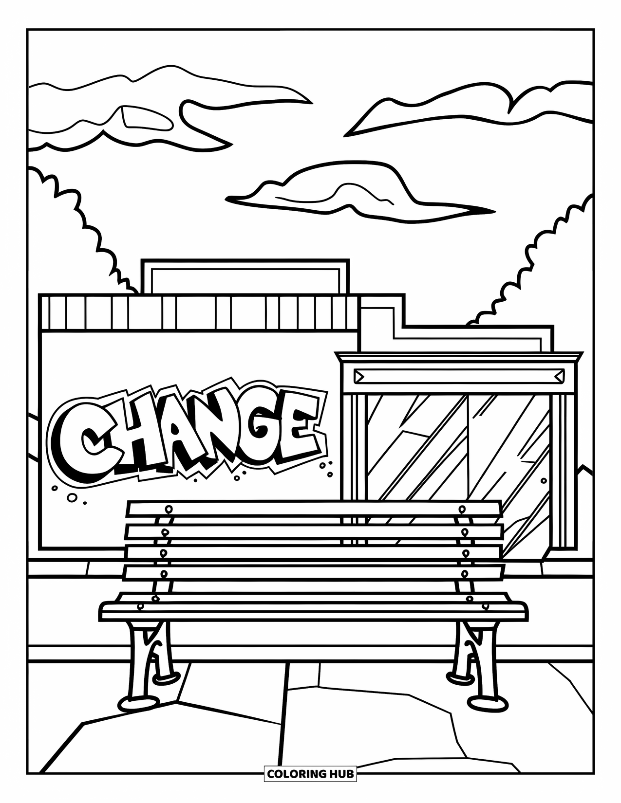 Graffiti Coloring Page for Kids: A city bench sits near a building with "CHANGE" graffiti and soft cloud shapes