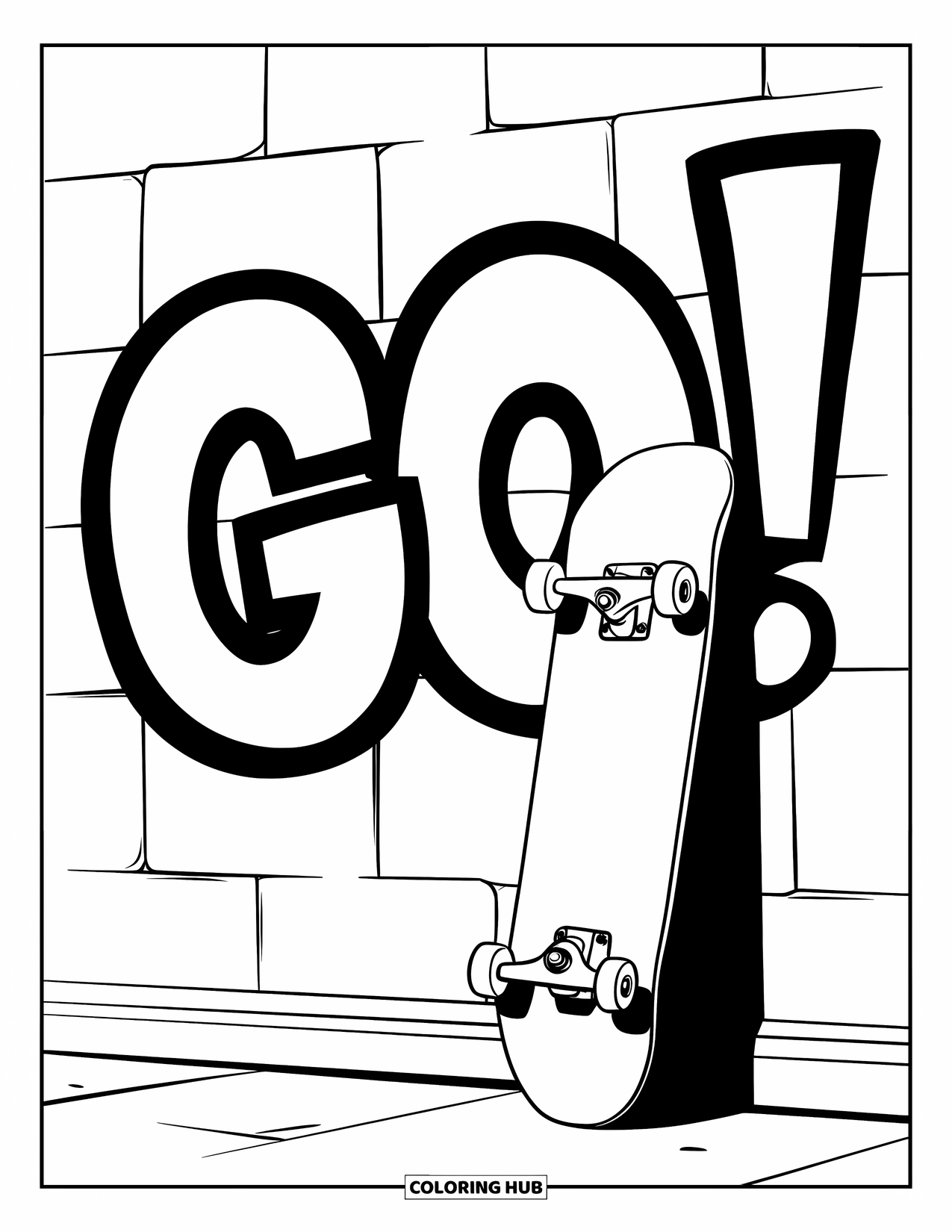 Graffiti Coloring Page for Kids: A skateboard rests under bold "GO!" graffiti on a clean wall