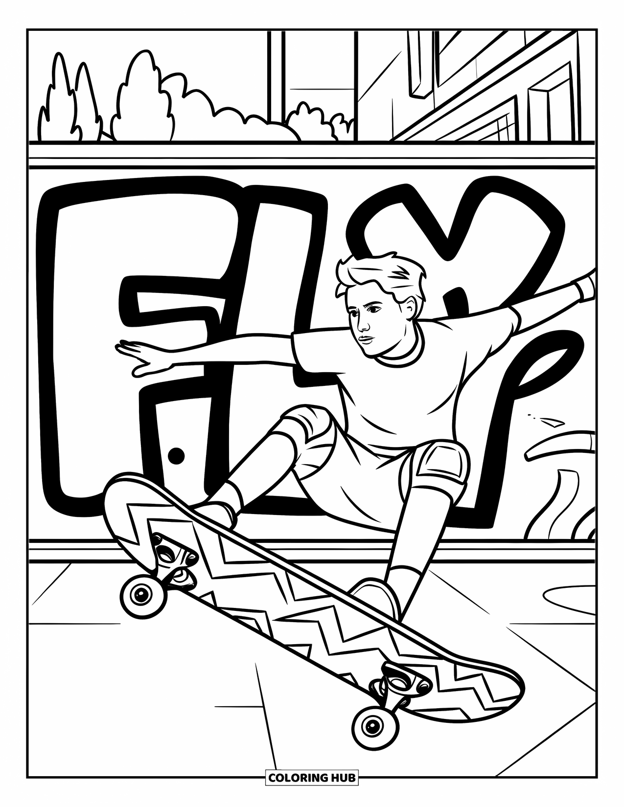 Graffiti Coloring Page for Kids: A skateboarder jumps high in front of a wall tagged with bold "FLY" graffiti